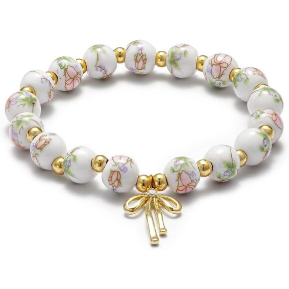 Pink Peon Flower Handmade Stretch Dainty Bead Bow Charm Bracelet for Women - Picture 2 of 2